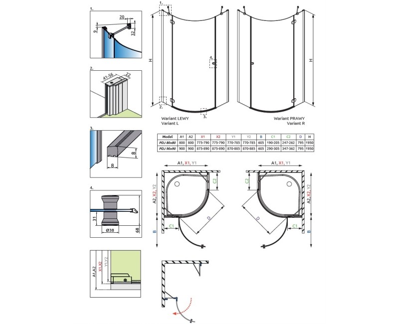 Radaway Pusapaļa dušas kabīne Torrenta PDJ 80