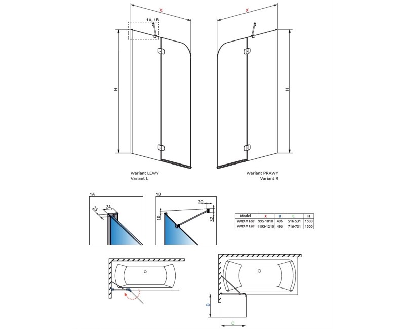 Radaway vannas sieniņa Torrenta PND II L/R 1200