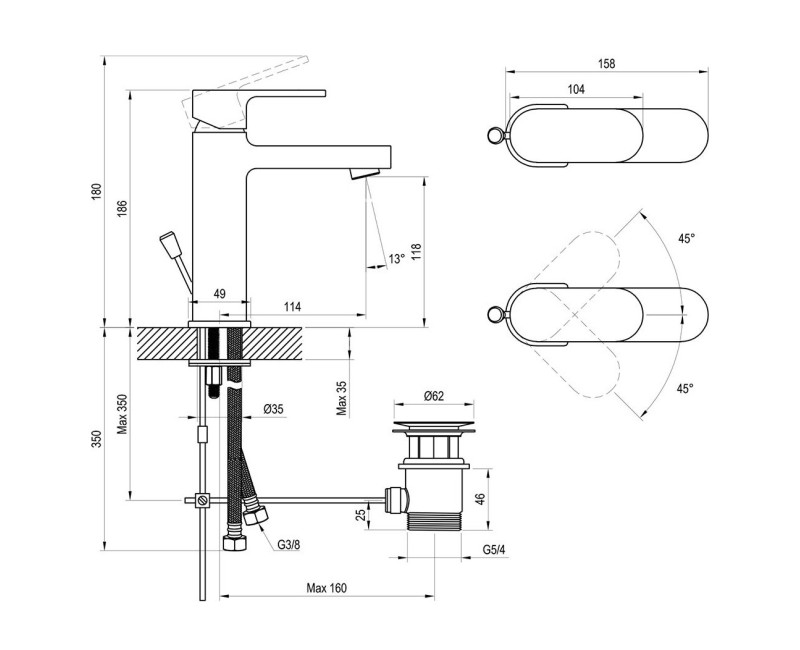 RAVAK Chrome CR 013.00 Смеситель для умывальника 180мм с клапаном, X070190