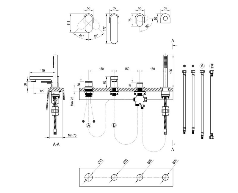 RAVAK 4-daļīgs maisītājs uz vannas malas, CR 026.00, X070170