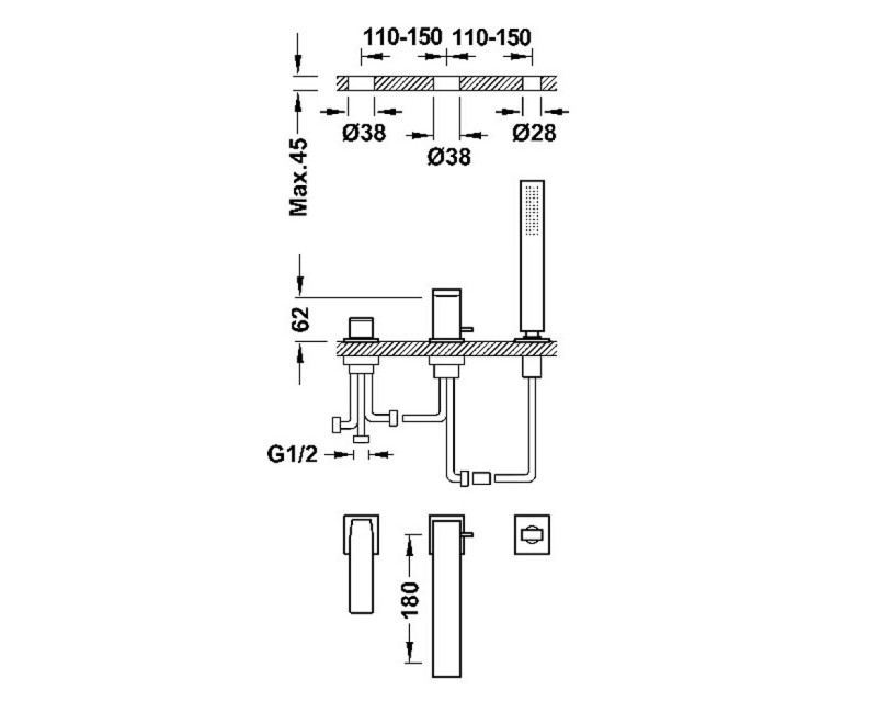 SLIM-TRES 3-daļīgs vannas jaucējkrāns, 20216103