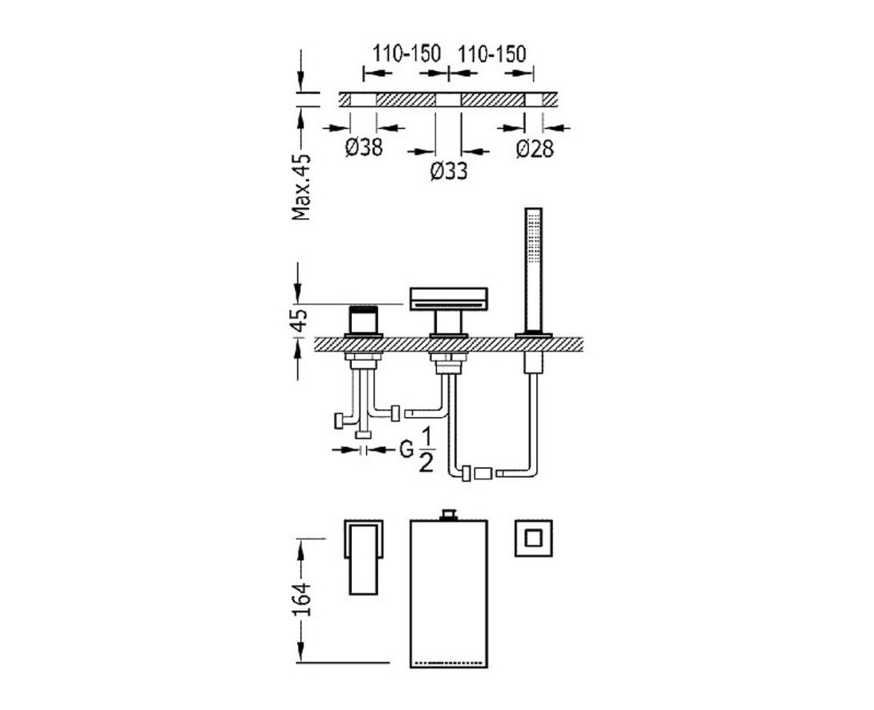 Cuadro-TRES 3-daļīgs vannas jaucējkrāns ar kaskādi, 10616102