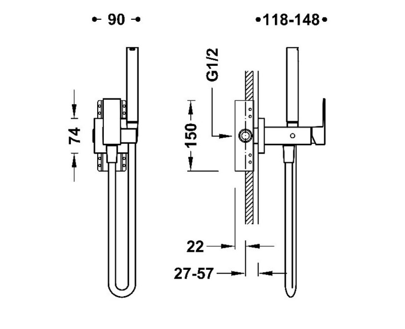 CUADRO-TRES Смеситель с гигиеническим душем для стен из гипсокартона, 00612302