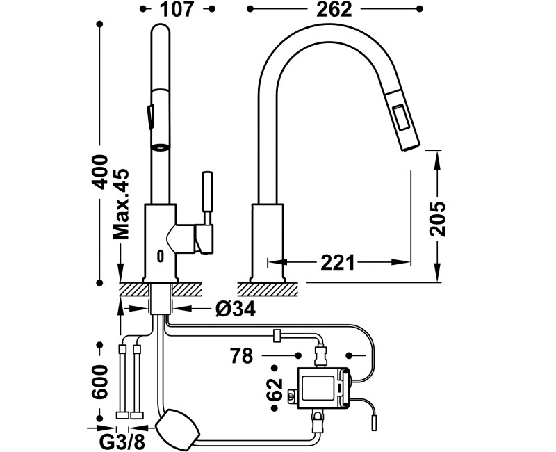 TRES Электронный смеситель для кухни со съемным изливом и 2 типами струи, 09244501AC