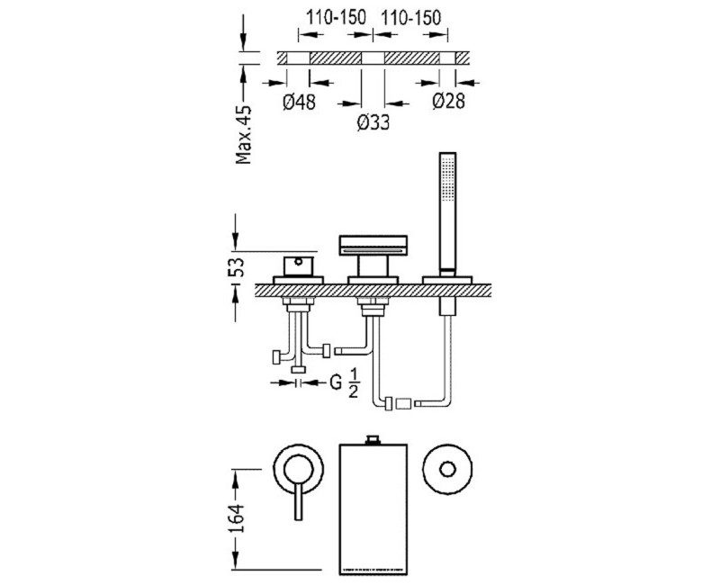 MAX-TRES Смеситель для ванны с каскадом , трехсекционный, хром 162161