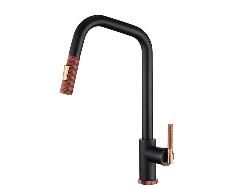 Turtl MATENO Virtuves izlietnes granīta jaucējkrāns ar izvelkamu izteku, melna metālika/varš