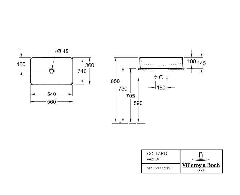 Villeroy & Boch Collaro Uzliekamā izlietne 56x36cm, 4A205601