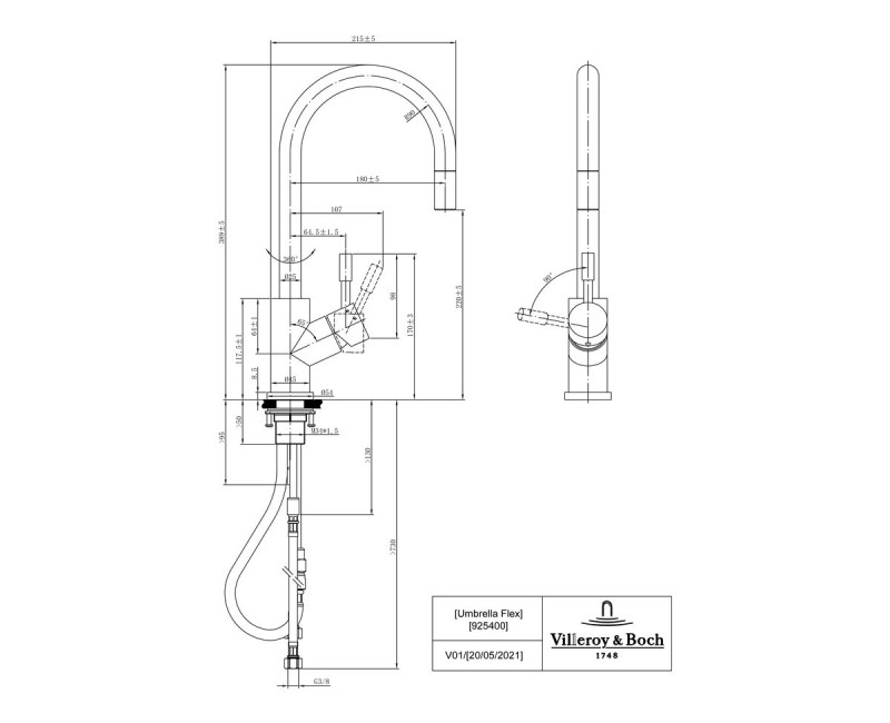 Villeroy&Boch Смеситель для мойки Umbrella Flex c выдвижным изливом, 925400LC