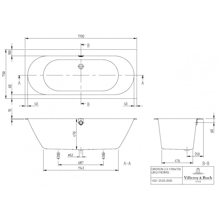 Villeroy & Boch Vanna Oberon 2.0 Duo 170x75 cm, ar kājām un sifonu Villeroy & Boch Vanna Oberon 2.0 Duo 170x75 cm, ar kājām un sifonu
