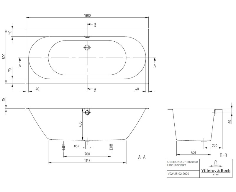 Villeroy & Boch Vanna Oberon 2.0 Duo 180x80 cm, ar kājām un sifonu