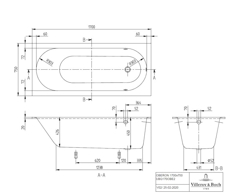 Villeroy & Boch Прямоугольная ванна Oberon Solo 180x80 см, с ножками