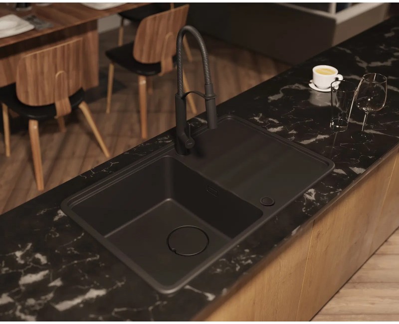 МОЙКА MOMI ИЗ ГРАНИТА С 1 ЧАШЕЙ, С КОРОТКИМ КРЕНОМ 670X440X229, ГРАФИТОВЫЙ МЕТАЛЛИК, С ЭКОНОМИТЕЛЕМ ПРОСТРАНСТВА NERO