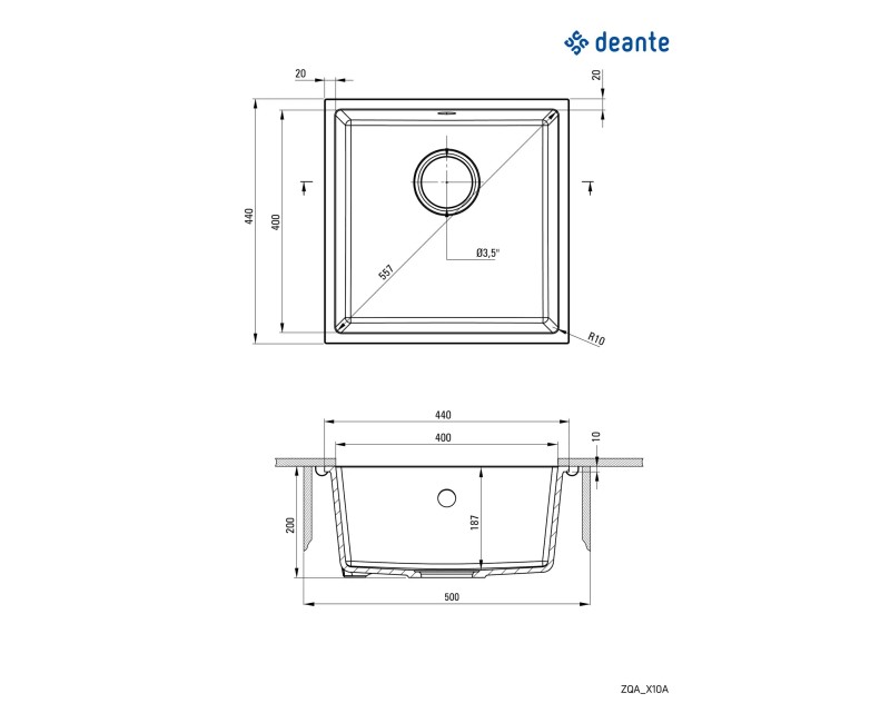 ГРАНИТОВАЯ МОЙКА ПОД СТОЛ CORDA 440X440X194 3,5'', АНТРАЦИТОВЫЙ МЕТАЛЛИК, С ЭКОНОМИТЕЛЕМ ПРОСТРАНСТВА LUX