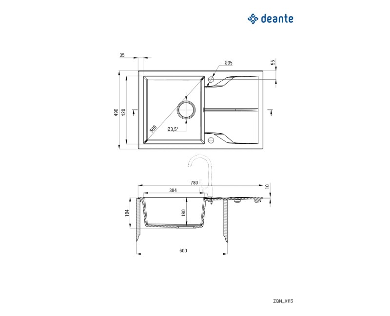Virtuves izlietne Deante ANDANTE Granīta 780x490x194mm, NERO Melna