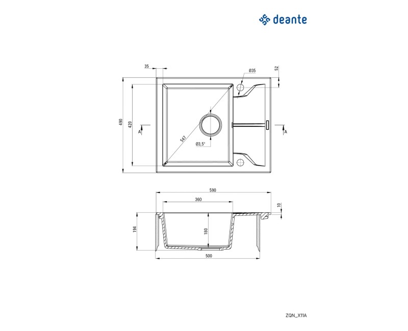 МОЙКА ИЗ ГРАНИТА ANDANTE С 1 ЧАШЕЙ И КОРОТКИМ КРЕНОМ 590x490x194, СЕРЫЙ МЕТАЛЛИК, С ЭКОНОМИЯ МЕСТА