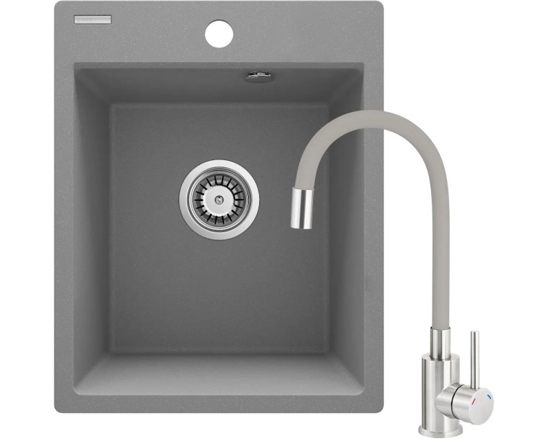 НАБОР: ГРАНИТНАЯ МОЙКА ZRC_S103 GREY METALLIC + СМЕСИТЕЛЬ ДЛЯ МОЙКИ BOC_S720 STEEL-GREY + ФИТИНГИ