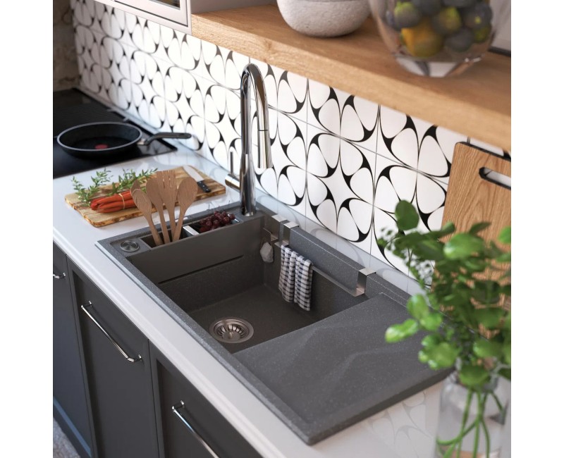 МАГНИТНАЯ МОЙКА С 1 ЧАШЕЙ И СУШИЛЬНОЙ ДОСКОЙ, С АРМАТУРОЙ, СЕРЫЙ МЕТАЛЛИК ГРАНИТ