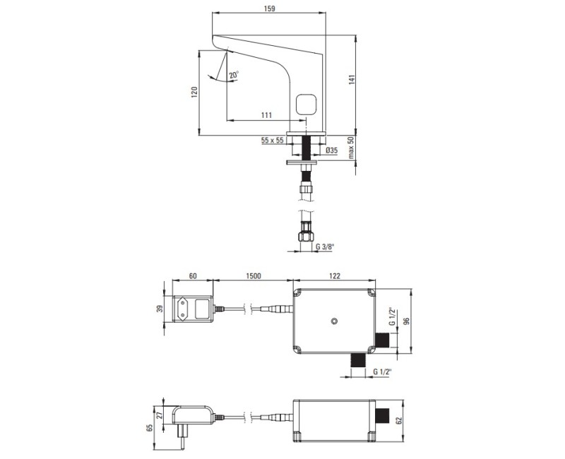 Vannas istabas izlietnes maisītājs Deante HIACYNT NERO SENSOR ar temperatūras regulāciju 230/6V strāvas avots, Melns BQH_N29V