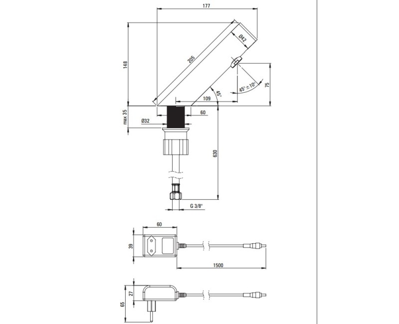 Vannas istabas izlietnes maisītājs Deante HIACYNT NERO SENSOR bez temperatūras regulācijas 230/6V strāvas avots, Steel BQR_F28V