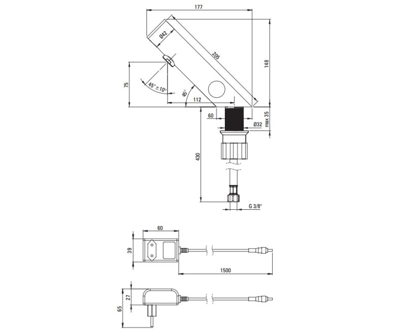 Vannas istabas izlietnes maisītājs Deante SENSE SENSOR STEEL ar temperatūras regulāciju 230/6V strāvas avots, Steel BQR_F29V