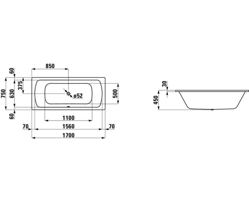 Vanna Laufen Moderna Plus Emaljēta tērauda 1700x750x450 Balta