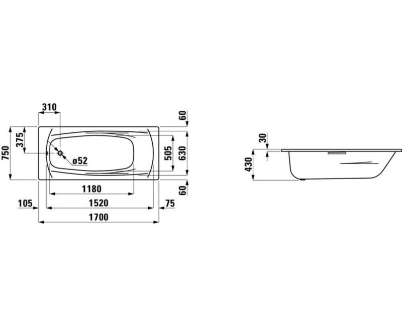 Ванна Laufen Palladium, эмалированная сталь 1700x750x430 Белый