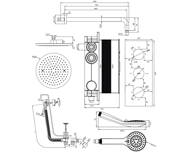 Vannas dušas sistēma Omnires Y iebūvējama ar termostatu hroms SYSYS01XCR