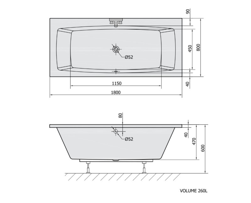 Polysan Akrila Taisnstūra Vanna Kvadra 840x1600x640