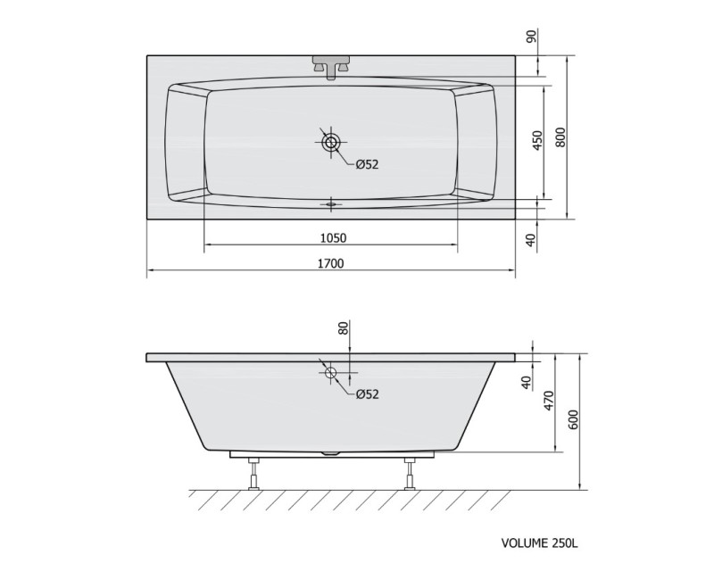 Ванна Polysan акриловая прямоугольная Kvadra 1700 x 800 x 470