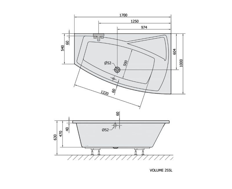 Ванна Polysan акриловая угловая EVIA 170 R 1000x1700x630