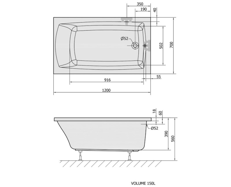 Polysan Akrila Taisnstūra Vanna LILY SLIM 700x1200x560