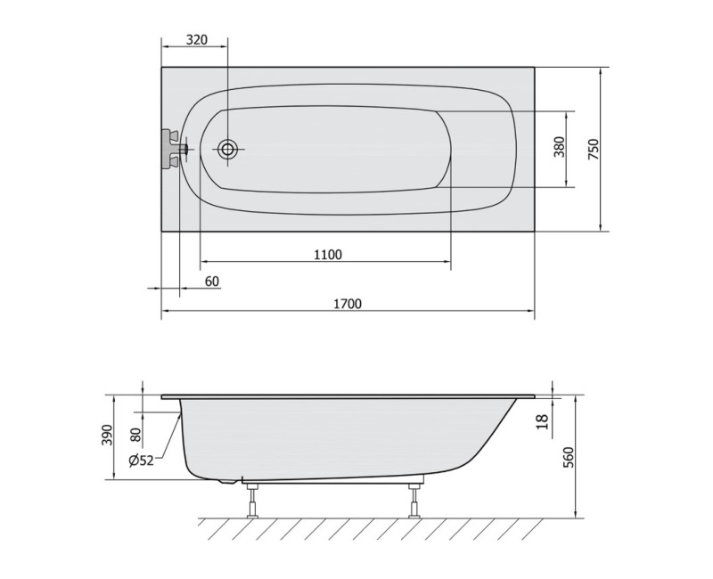 Polysan Akrila Taisnstūra Vanna Ebro Slim 750x1700x560