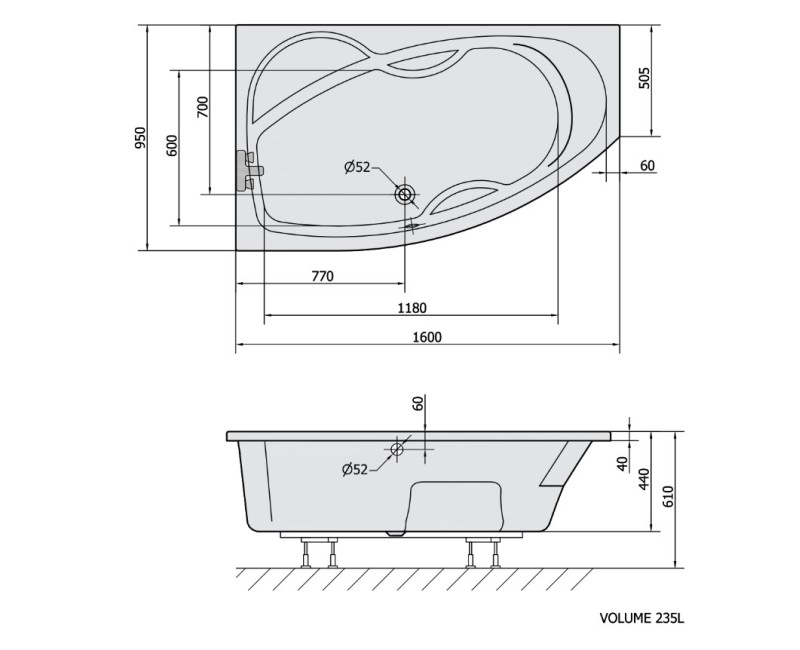 Polysan Akrila Stūra Vanna MAMBA 950x1600x610