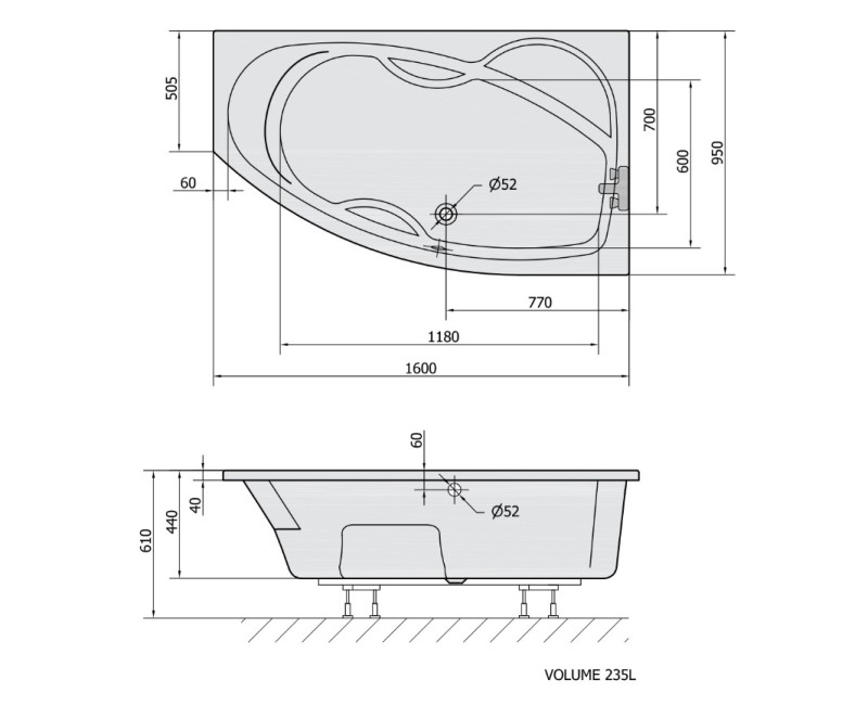 Polysan Akrila Stūra Vanna MAMBA 950x1600x610