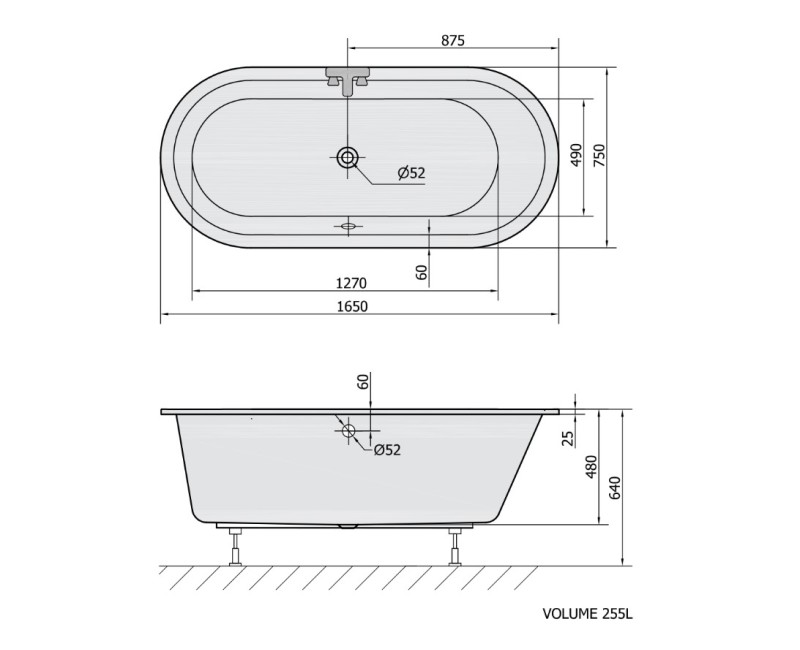 Овальная/встраиваемая акриловая ванна Polysan Astra O 750x1650x640