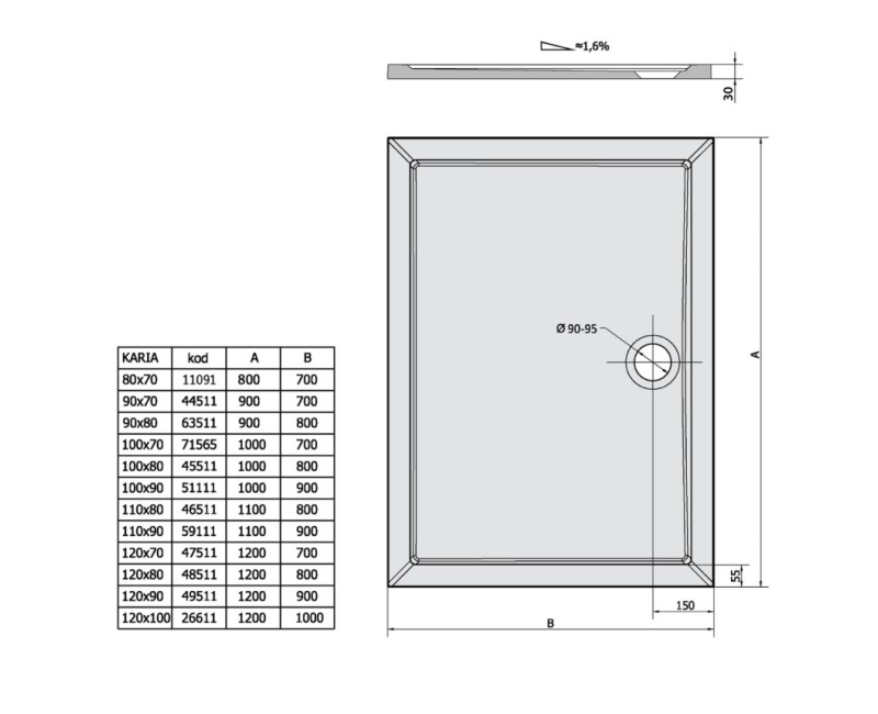 Polysan Marora Kvadrātveida Dušas paliktnis Karia 1000x700x30