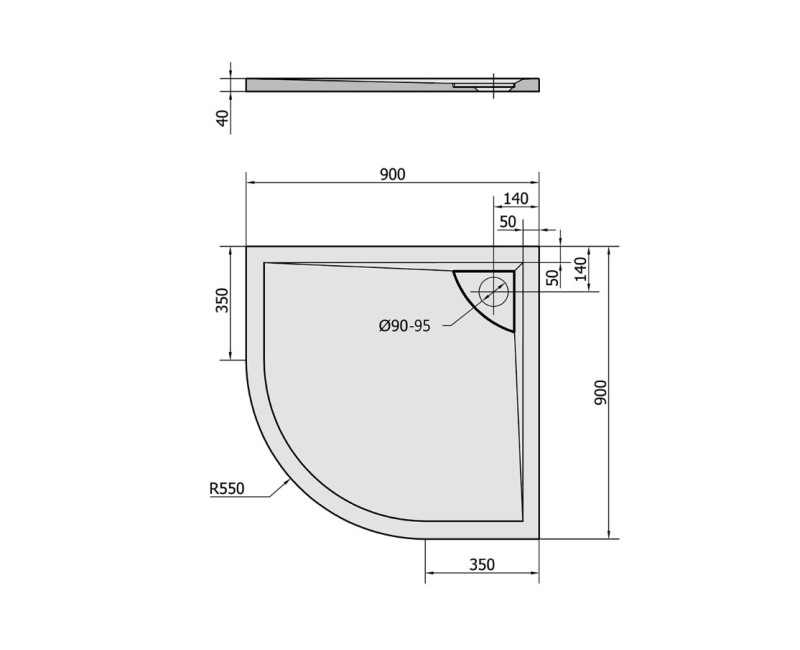 Полукруглый душевой поддон Polysan Marora LUSSA 900x900x40