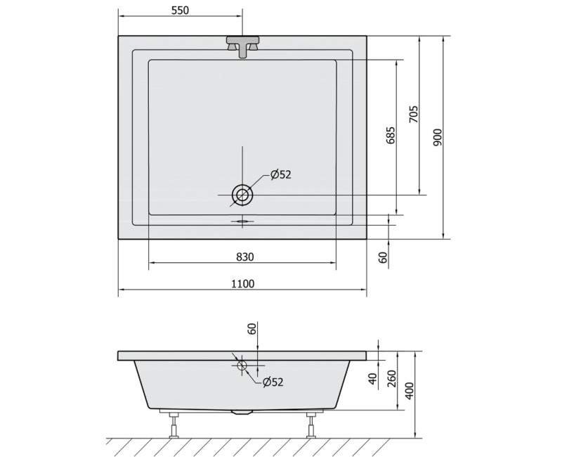 Polysan Akrila Kvadrātveida Dušas paliktnis Deep 1100x900x400