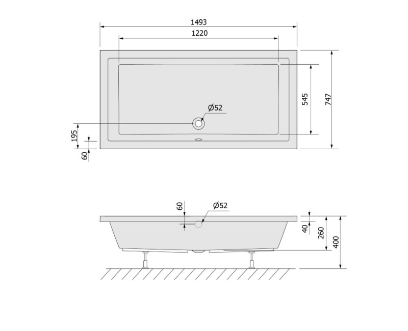 Квадратный душевой поддон Polysan Acrylic 1493x747x400