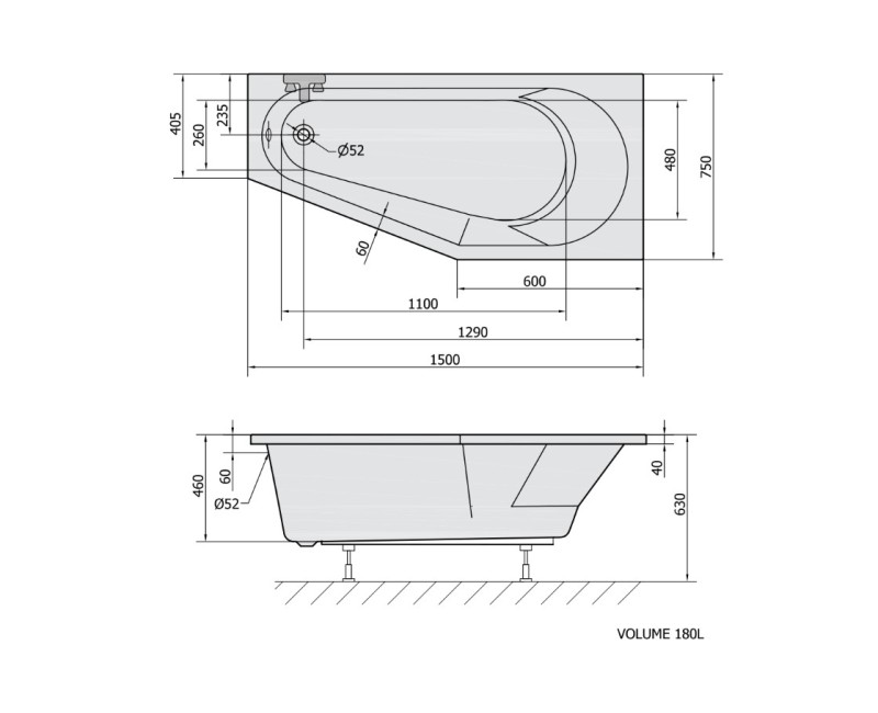 Polysan Akrila Stūra Vanna 1500x750x630