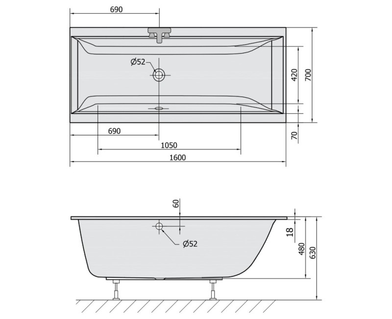 Polysan Akrila Taisnstūra Vanna Cleo Slim 1600x700x630