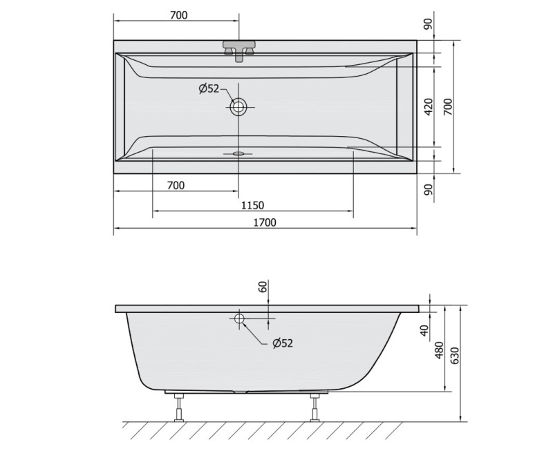 Polysan Akrila Taisnstūra Vanna Cleo 1700x700x630
