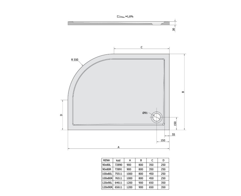 Polysan Marora Pusapaļš, pa kreisi Dušas paliktnis RENA L 1000x800x30