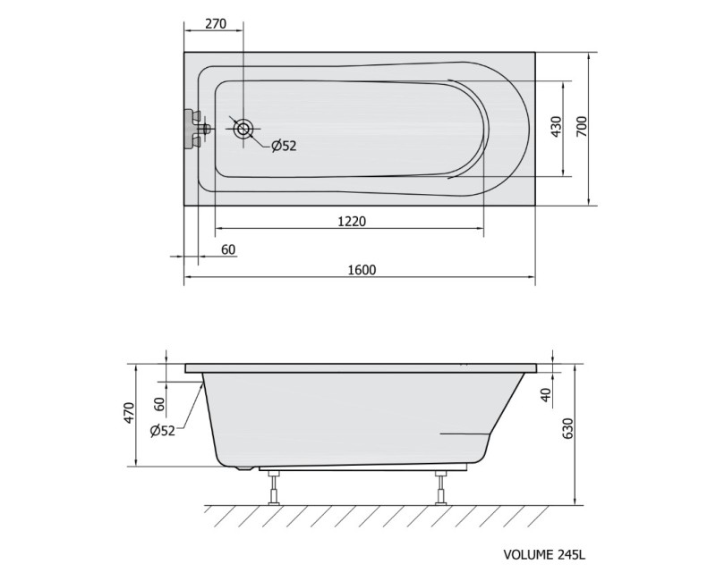 Polysan Akrila Taisnstūra Vanna Lisa 1600x700x630
