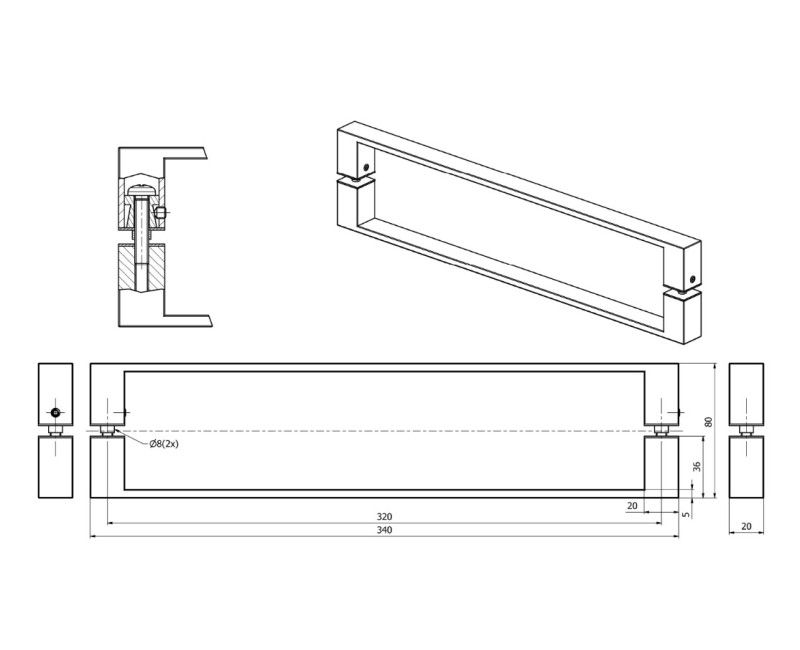 Ручка для душевой кабины Polysan 36x20x1000