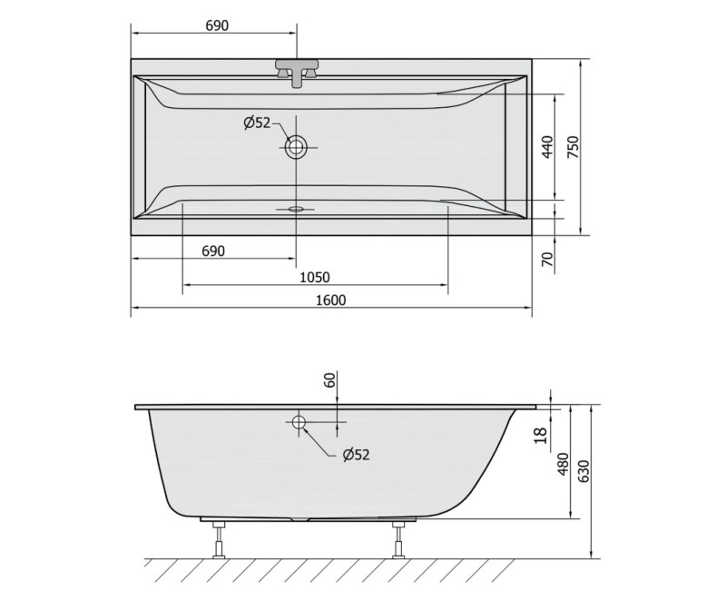 Прямоугольная акриловая ванна Polysan Cleo Slim 1600x750x630