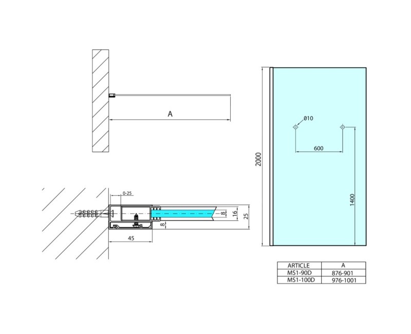 Dušas siena Polysan Modular Shower 900x2000mm MS1-90-D