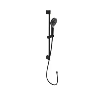 Dušas komplekts Villeroy & Boch Verve Showers, ar rokas dušu, stieni un šļūteni, EasyClean pārklājums, EasySwitch, diametrs 110 mm, šļūtenes garums 1600 mm, 3 režīmi, matēts melns, TVS109007UK0K5