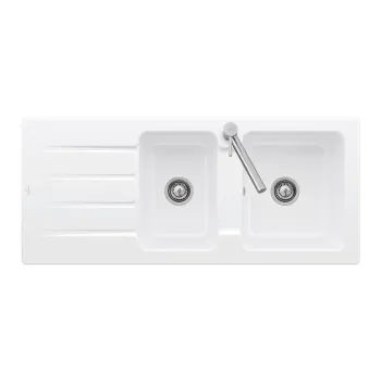 Virtuves izlietne Villeroy & Boch Architectura, keramiska divkameru, CeramicPlus, ar vārstu un ekscentrisku vadību, 1160x510 mm, Balts, 338002R1