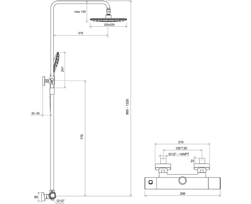 RAVAK 10° Free Termostata dušas sistēma TD F 091.20/150, X070160